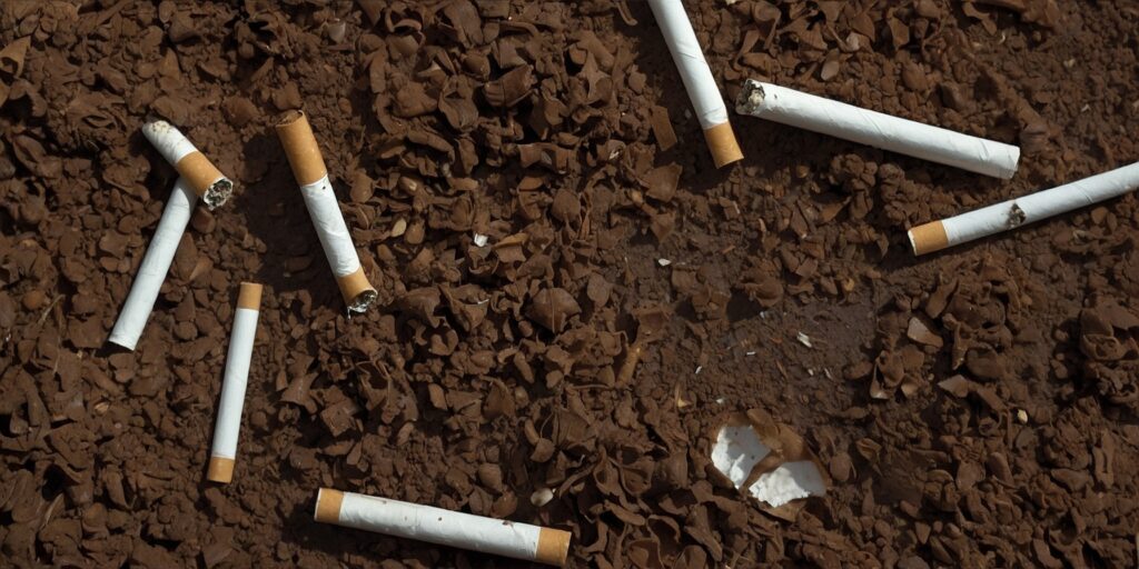 Une image illustrant la production de déchets générée par les cigarettes jetables et les cigarettes traditionnelles, avec un focus sur les composants des produits et leur recyclage.